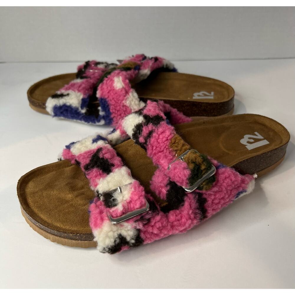 NEW R2 Bernette Multi Camo Sherpa Slip On Memory Foam Buckle‎ Sandals Size 9